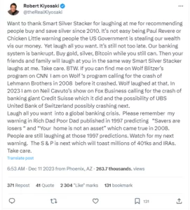 Kiyosaki na Twitterju opozarja na zlom indeksa S&P - 11. december 2023. 
